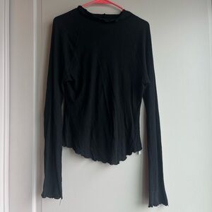 Free People Black Ribbed Lettuce-Edge Long Sleeve Top